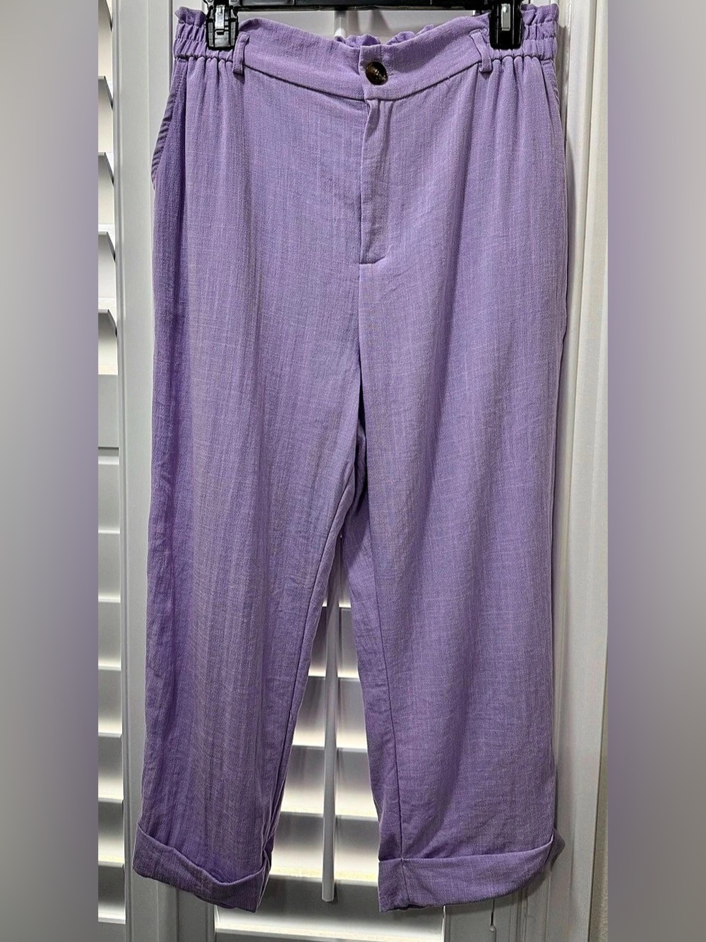 Halara High Waisted Zipper Pocket Cropped Linen-Feel Pants Purple Medium